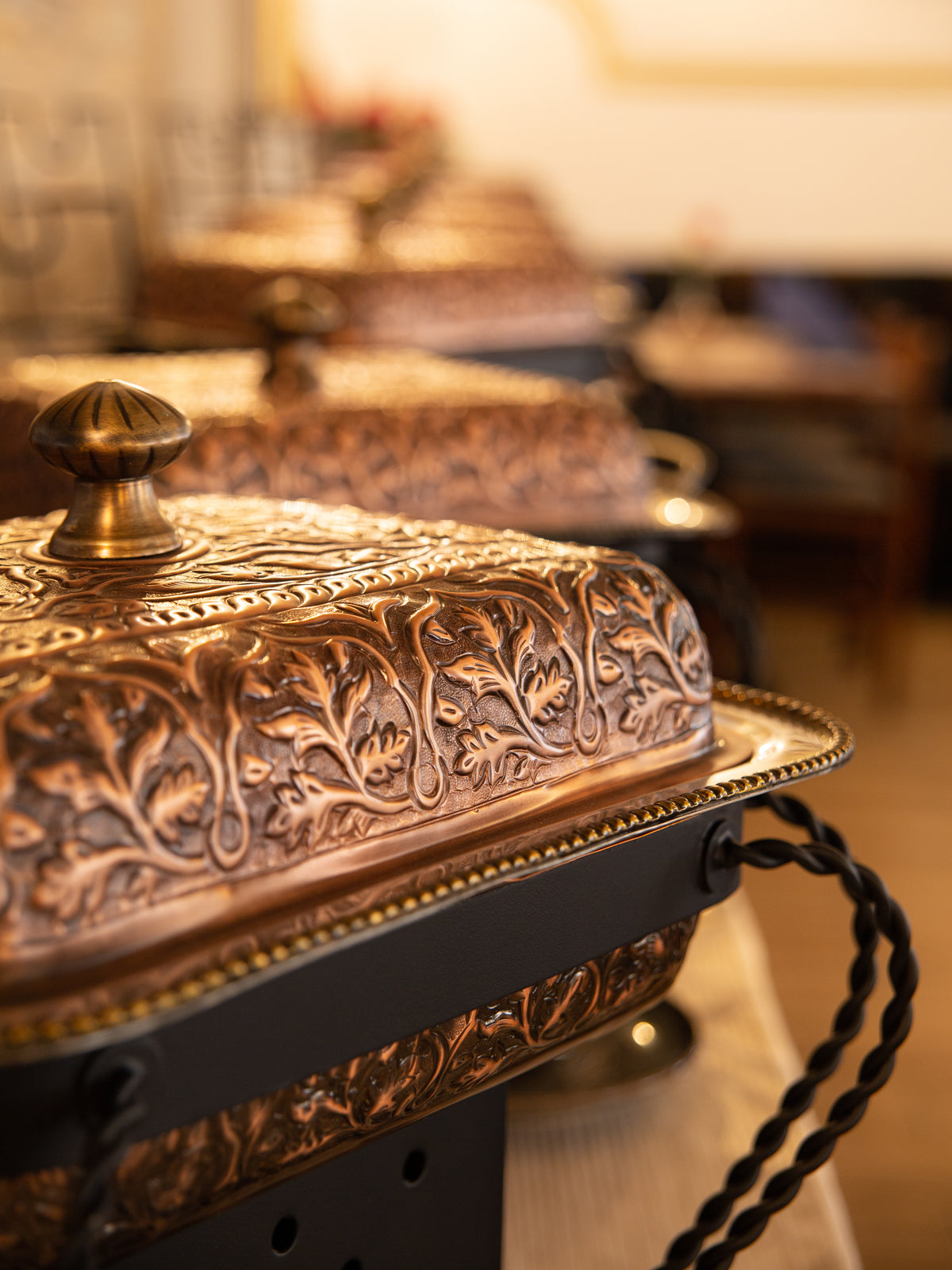 Copper chafing dishes at the buffet